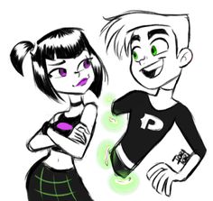 an image of two people that are in the same drawing style, one is smiling and the other has green eyes