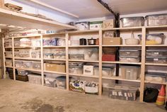 a room with shelves filled with lots of boxes and containers