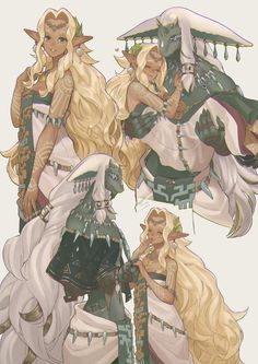 three women dressed up as elves with long blonde hair and wearing armor, one holding an umbrella