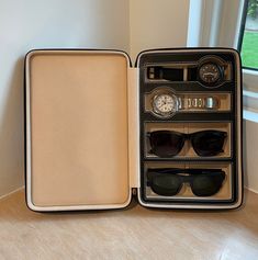 Our full grain leather watch and sunglass storage case is not only functional - it's absolutely gorgeous! It's perfect when travelling, or even to keep things organized, safe and clean around the house. It can fit up to a 50mm watch and your largest pair of sunglasses. Allow us to personalize it and truly make it the perfect gift! Sunglass Storage, Bridesmaid Cosmetic Bag, Travel Gift Ideas, Everyday Bag Essentials, Sunglasses Storage, Closet Decor, Creative Products, Travel Box, Awesome Gifts