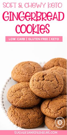 soft and chewy keto gingerbread cookies on a white plate with text overlay