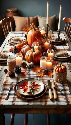 a table set for thanksgiving dinner with candles and pumpkins