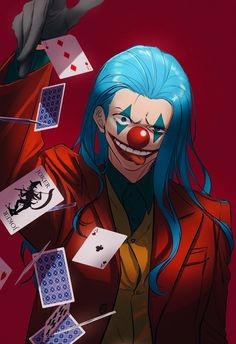 a clown with blue hair holding playing cards