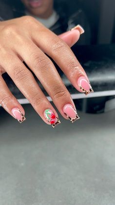 Cheetah Nails Cherry, Short Cheetah Print French Tip Nails, 50s Inspired Nails, Cheetah Nails With Cherries, Short Leapord Nails, Cheetah Print Cherry Nails, Cheetah Short Nails, Spotted Nail Designs, Festival Nails 2024