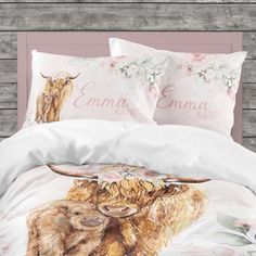 Highland Cow Floral Personalized Kids Bedding Set (Comforter or Duvet Cover) - gender_girl, Highland Cow Floral, text Bedding Twin, Toddler Comforter, Girls Bedding, Bedding Comforter, Kids Bedding Sets, Full Duvet Cover, Queen Duvet Cover