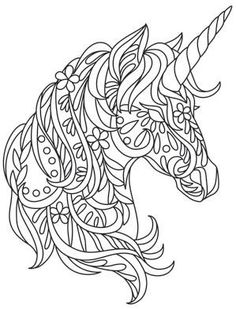 a black and white drawing of a unicorn's head with intricate designs on it