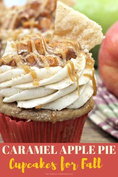 an apple pie cupcake with white frosting and caramel toppings on top