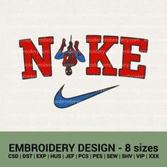 embroidery design - 8 sizes for nike logo with red and blue letters on white background