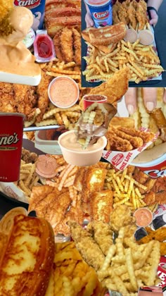 a collage of different foods and condiments including fries, chicken strips, french fries, hotdogs and more