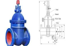 an image of a blue ball valve with red valves on the side and measurements for each valve