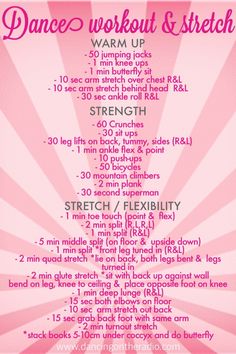 a pink poster with the words dance workout and stretch on it's back side