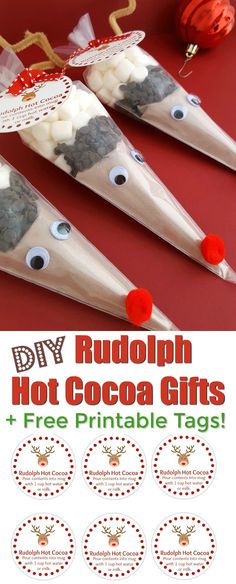 rudolph hot cocoa gifts and free printable tags for kids to use on the holidays