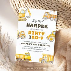 a birthday party card with construction vehicles on it and the words, do this harper is turning