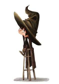 a drawing of a man in a witches hat on top of a ladder with his legs up