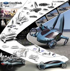 an advertisement for the ford crosswinds is shown in blue and white with images of futuristic vehicles