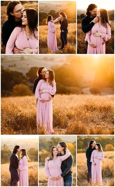 a couple kissing in the middle of a field at sunset with their pregnant baby bumping her belly