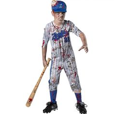 a man dressed in zombie baseball gear holding a bat and wearing an adult sized baseball uniform