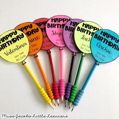 six happy birthday balloons with writing on them are lined up next to each other in different colors