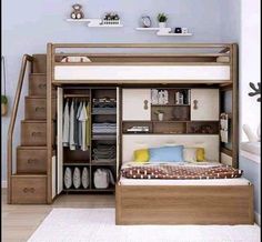 a bedroom with a bed, dresser and stairs in the corner next to an open closet