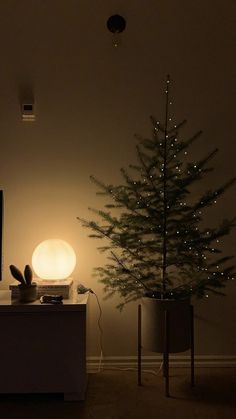 a living room with a christmas tree in the corner and a television on top of it