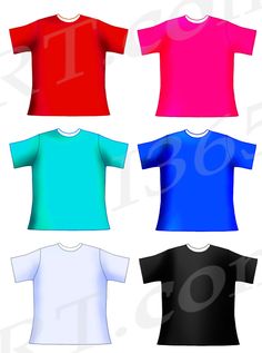 four different colored t - shirts on white background