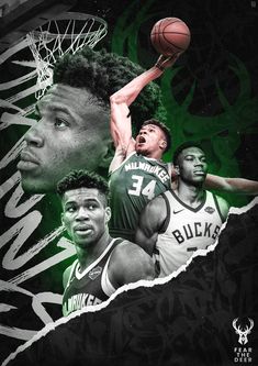 the milwaukee bucks are playing basketball in their green and black uniforms, with one player jumping up to dunk the ball