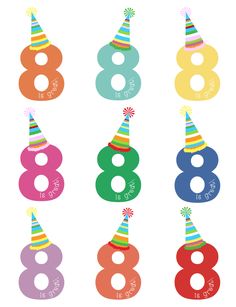 eight birthday numbers with party hats on each number, and the number eight in different colors