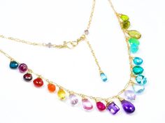 Solid Gold 14K Rainbow Multi Gemstone Necklace in Solid Gold, Precious Drop Necklace - Valltasy Rainbow Multi-stone Gemstones For Jewelry Making, Elegant Rainbow Necklaces With Gemstone Accents, Elegant Rainbow Necklace With Gemstone Accents, Elegant Multicolor Gemstone Crystal Necklace, Rainbow Necklaces With Natural Stones For Jewelry Making, Rainbow Multi-stone Jewelry For Jewelry Making, Rainbow Stones Jewelry For Jewelry Making, Rainbow Gemstone Fine Jewelry, Rainbow Multi-stone Jewelry For Party