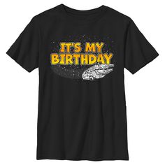 No need to keep looking for fashion help in Alderaan places! Add a little out-of-this-world style to your wardrobe with some truly epic Star Wars styles! Transport yourself to a galaxy far, far away with this officially licensed Boys' Star Wars Millennium Falcon It's My Birthday Graphic T-Shirt that reads: "It's My Birthday," along with a galaxy backdrop and the Millennium Falcon across the front. May the birthday wishes be as epic as the saga itself! Starwars Birthday Tshirt, Darth Vader Birthday Shirt, Star Wars Boy Shirt, Star Wars Tee, Star Wars Graphic Tees, It S My Birthday, Sleeve Packaging, Millennium Falcon, Boys Graphic Tee