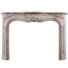 an antique white marble fireplace mantel with carvings on the top and sides, isolated against a white background