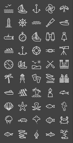 a large set of hand drawn icons on a dark background, including ships and boats