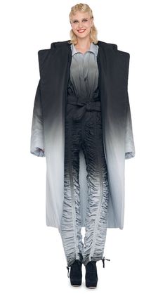 Sleeping Bag Coat, Black Grey Ombre, Hand Muff, Elephant Pants, Grey Ombre, Fringe Top, Norma Kamali, Ombre Color, Jogging Pants