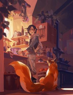 a woman standing next to a red fox in a kitchen