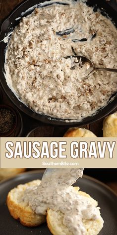 sausage gravy in a cast iron skillet with bread on the side