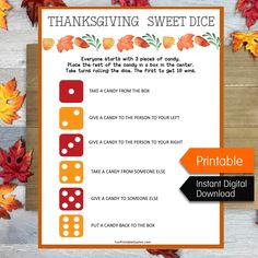 a printable thanksgiving sweet dice game for kids