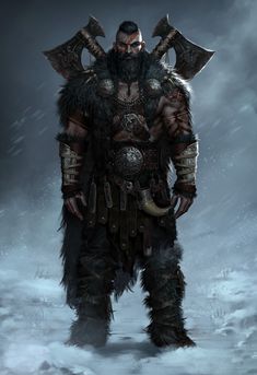 an image of a man in armor standing in the snow with two horns on his head