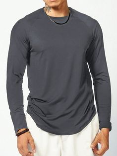 Boyfriend Style Men's Casual Round Neck Long Sleeve Daily Wear T-Shirt Dark Grey   Long Sleeve Knitted Fabric Plain  Slight Stretch  Men Activewear, size features are:Bust: ,Length: ,Sleeve Length: Men's Activewear, Boyfriend Style, Outdoor Men, Sports Tees, Mens Activewear, Grey Long Sleeve, Long Sleeve Knit, Mens Fashion Casual, Style Casual