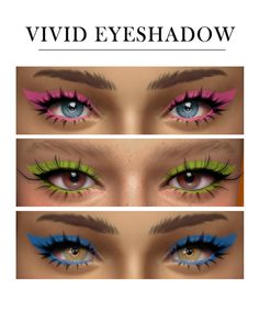 three different views of the eyes of a woman with bright blue and pink makeup, one is