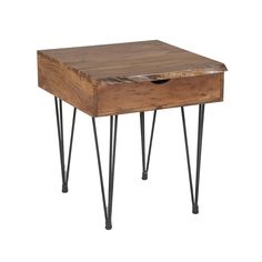 a wooden table with hairpin legs and a drawer on the top that has a hole in it