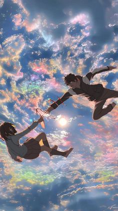 two people flying through the air with clouds in the background