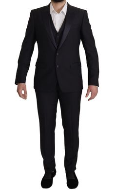 Dolce & Gabbana Black Virgin Wool Formal 3 Piece Suit - Ellie Belle Black Three Piece Suit, Dolce And Gabbana Suits, Black Tuxedo, Slim Fit Suit, Three Piece Suit, 3 Piece Suits, Fashion Website, Blazer Buttons, Dolce & Gabbana