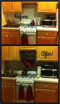 before and after photos of a kitchen with white stove top oven, brown cabinets, and wooden floors