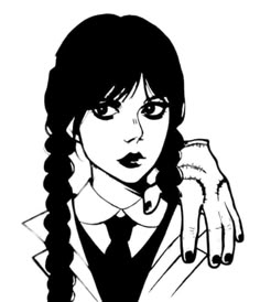 a drawing of a woman in a suit and tie with her hand on her shoulder