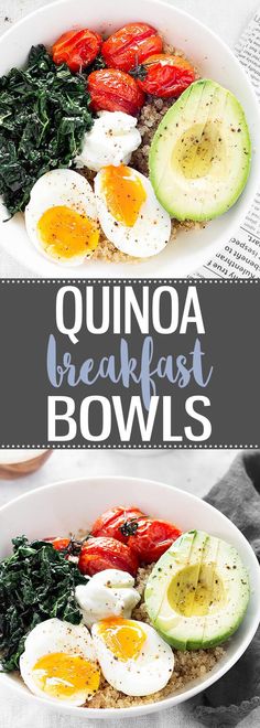 two bowls filled with quinoa, eggs and spinach on top of each other