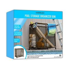 the pool storage organizer bin is open and ready to be put into an outdoor area