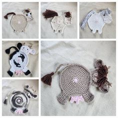 crocheted pictures of different animals on a blanket