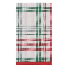 a red, white and green plaid pocket towel on a white background with the word