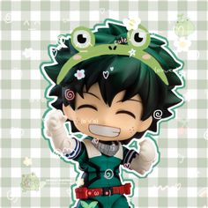 an anime character with black hair and green eyes is holding up his hands in the air