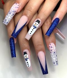 Trendy Winter Nails Long, Simple Christmas Nails Acrylic Long, Christmas Nails Acrylic Snowman, Snowman Christmas Nails Acrylic, Long Christmas Nails 2022, Blue Acrylic Christmas Nails, Simple Snowflake Nails Acrylic, December Acrylic Nails Coffin, Winter Acrylics Nails