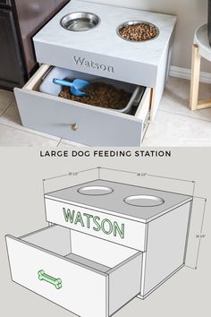 Build your favorite fur baby a food station fit for a kingThis elevated dog bowl with pull-out food storage is perfect for large breedsPlans for a smaller version are also available Katt Grejer, Dog Spaces, Dog Rooms